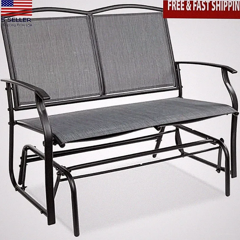 2 Person Outdoor Patio Swing Glider Steel Bench Loveseat Rocker for Deck Gray