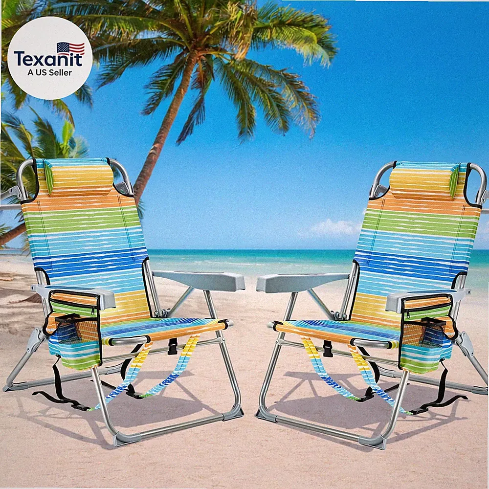 Backpack Beach Chairs for Adults 2 Pack, Portable Lay Flat Folding Chair with Cu