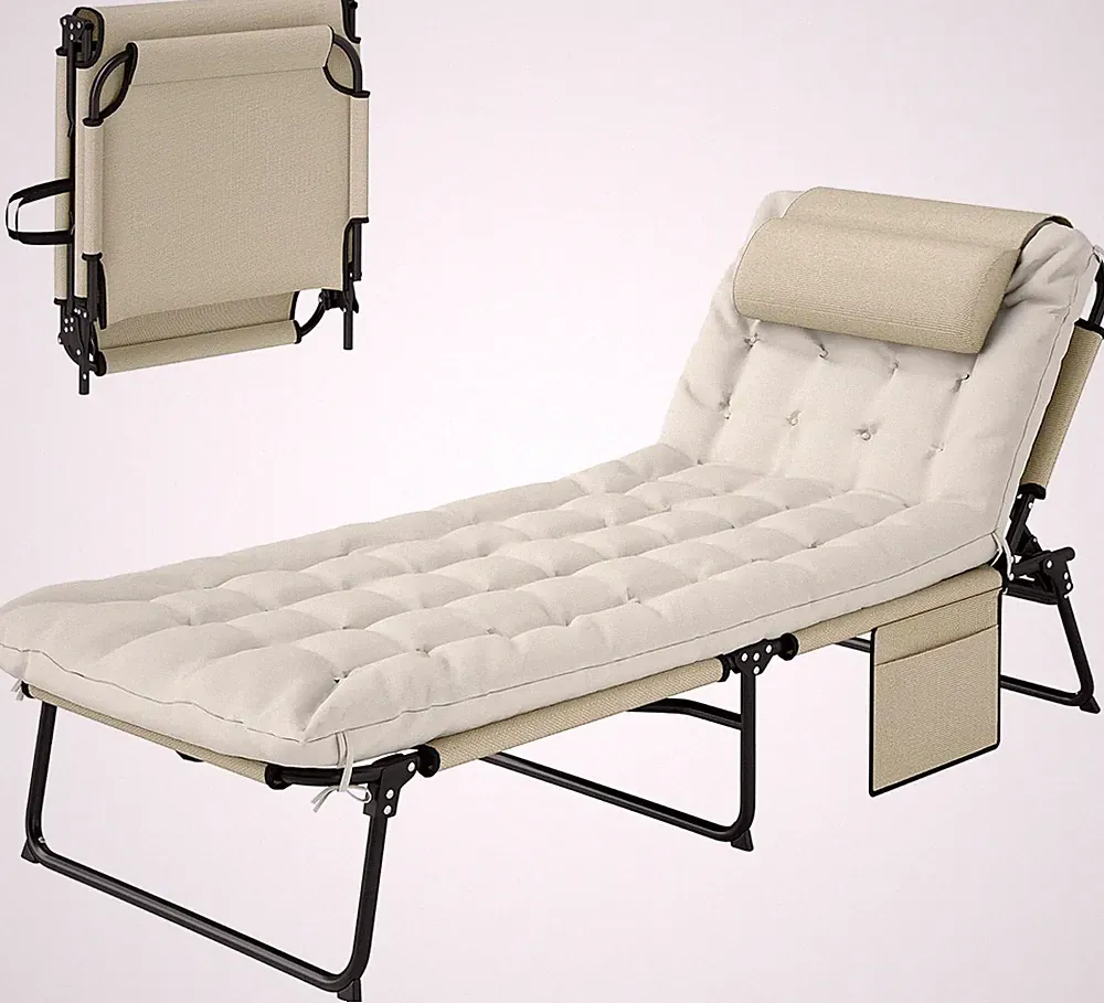 Folding Chaise Lounge with 4-Level Reclining Back, Outdoor Tanning Chair with Cu