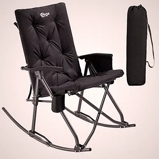Folding Rocking Camping Chair Outdoor - Thick Padded Rocking Recliner Black