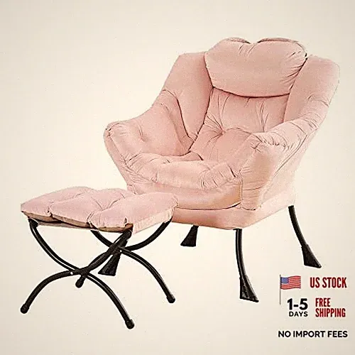 Lazy Chair and Ottoman, Large Accent Velvet Chair with Side Pocket, Modern Pink