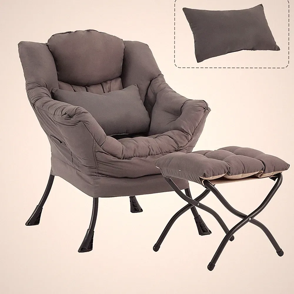 Lazy Chair with Ottoman, Modern Accent Chair with Lumbar Pillow, Dark Grey So...