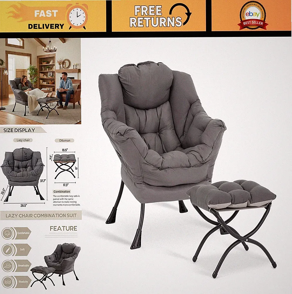 Modern Lazy Chair with Ottoman, Upholstered Accent Sofa Armchair, Lounge Chair w