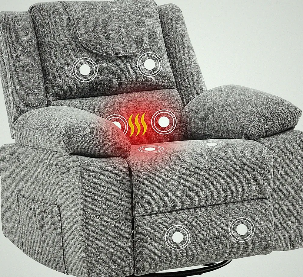 Oversized Rocking Recliner Chair with Massage & Heating – Grey 360° Swivel